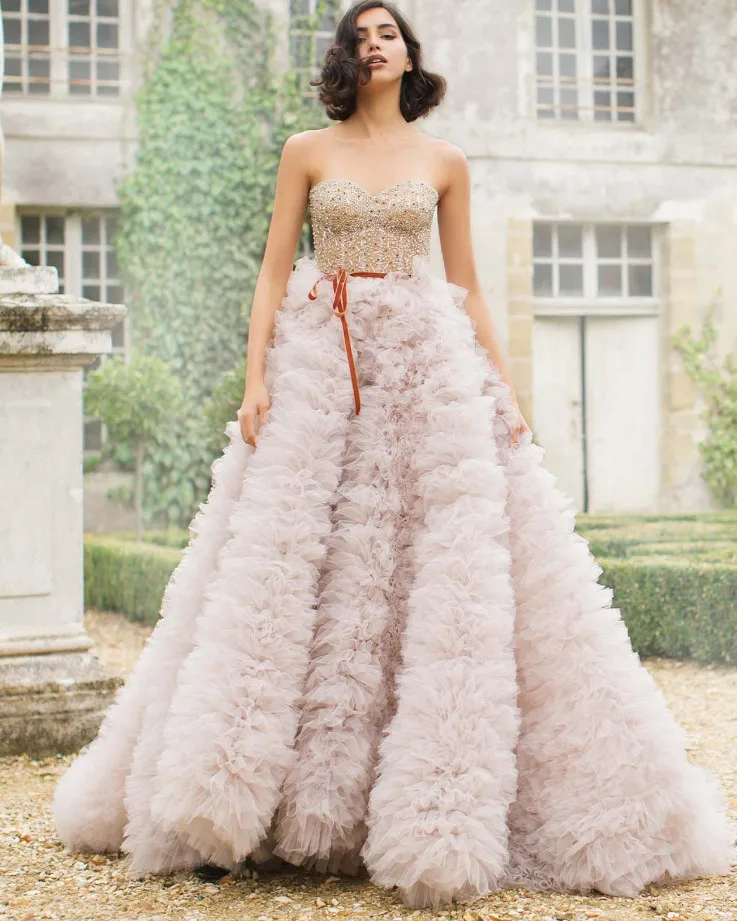 Luxury Evening Dresses Blush Pink Ball Gown 2026 Trend Prom Dresses Sequin Bodice Ruffle Tulle Skirt Belted Formal Paty Dresses
