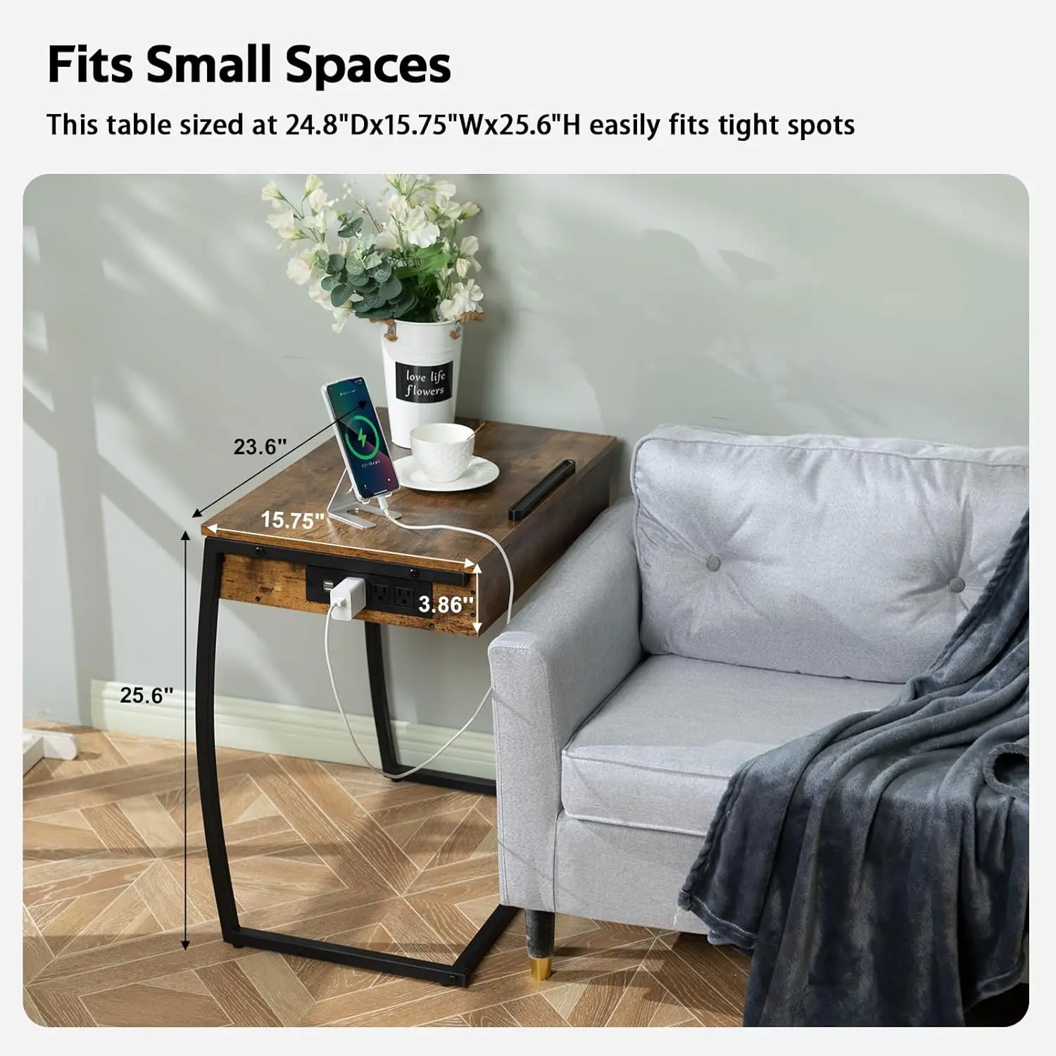 C Table End Table with Charging Station, TV Tray Table, Couch Tables That Slide Under, C Shaped Side Table with Storage, Laptop