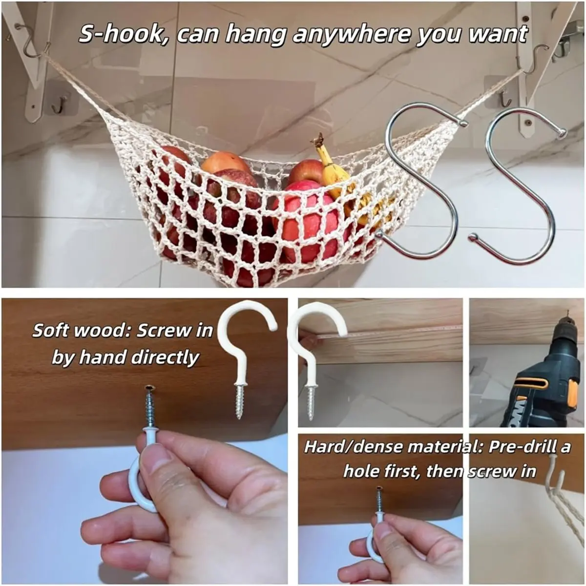 2-Pack Hanging Fruit Hammock with Hooks - Macrame Under Cabinet Veggie Banana Basket, Hand-Woven Boho Fruit Holder
