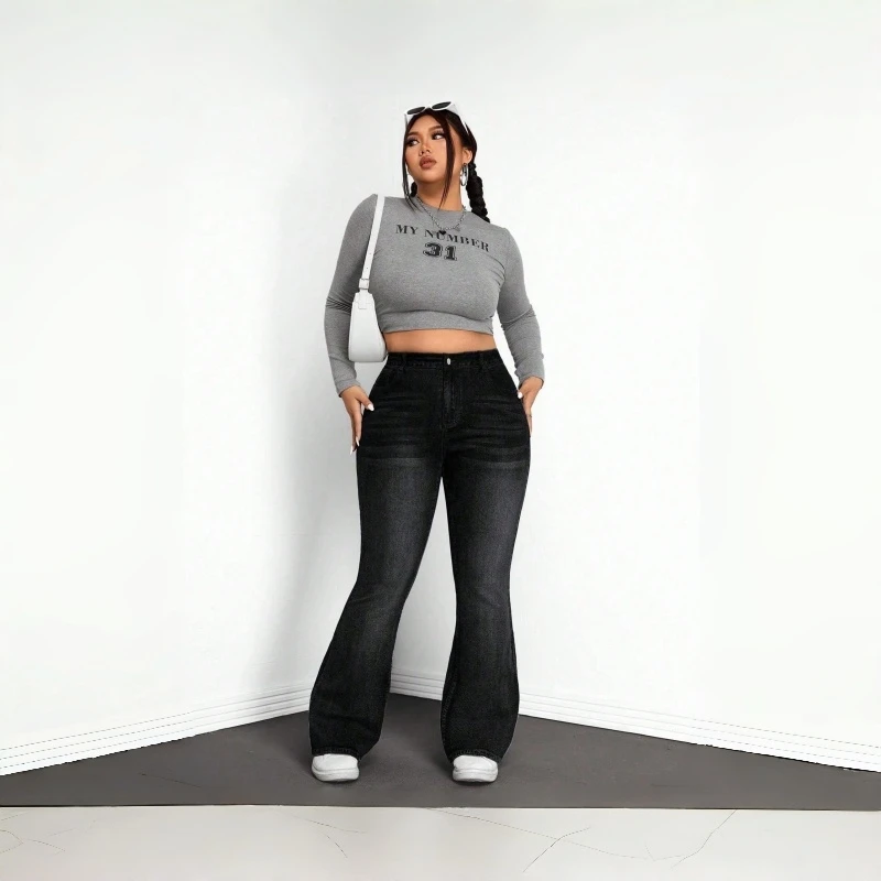 Y2k جينز نسائي أسود رمادي متوهج الدينيم السراويل خمر عالية الخصر تمتد Bootcut بنطلون موضة عصرية لباس غير رسمي #4