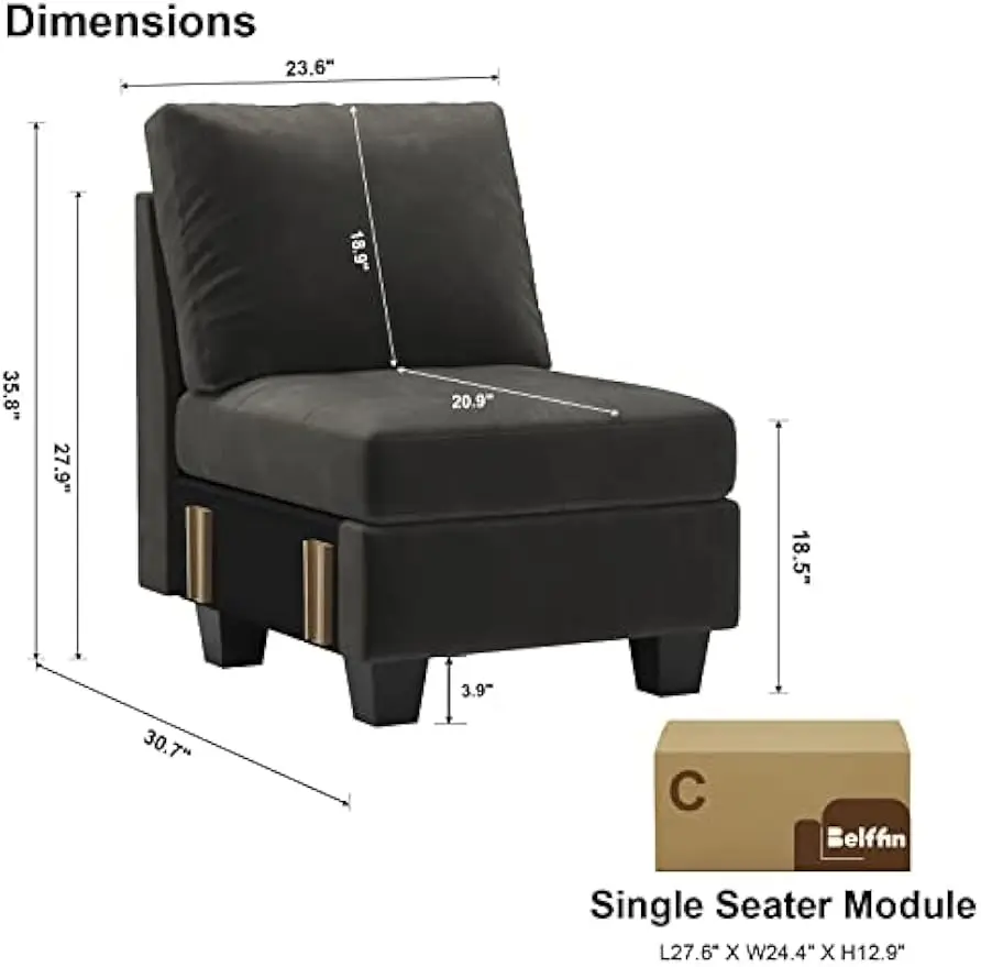 Velvet Single Seat Module for Modular Sectional Sofa Couch Accent Armless Sofa Couch Chair Modern Fabric Grey
