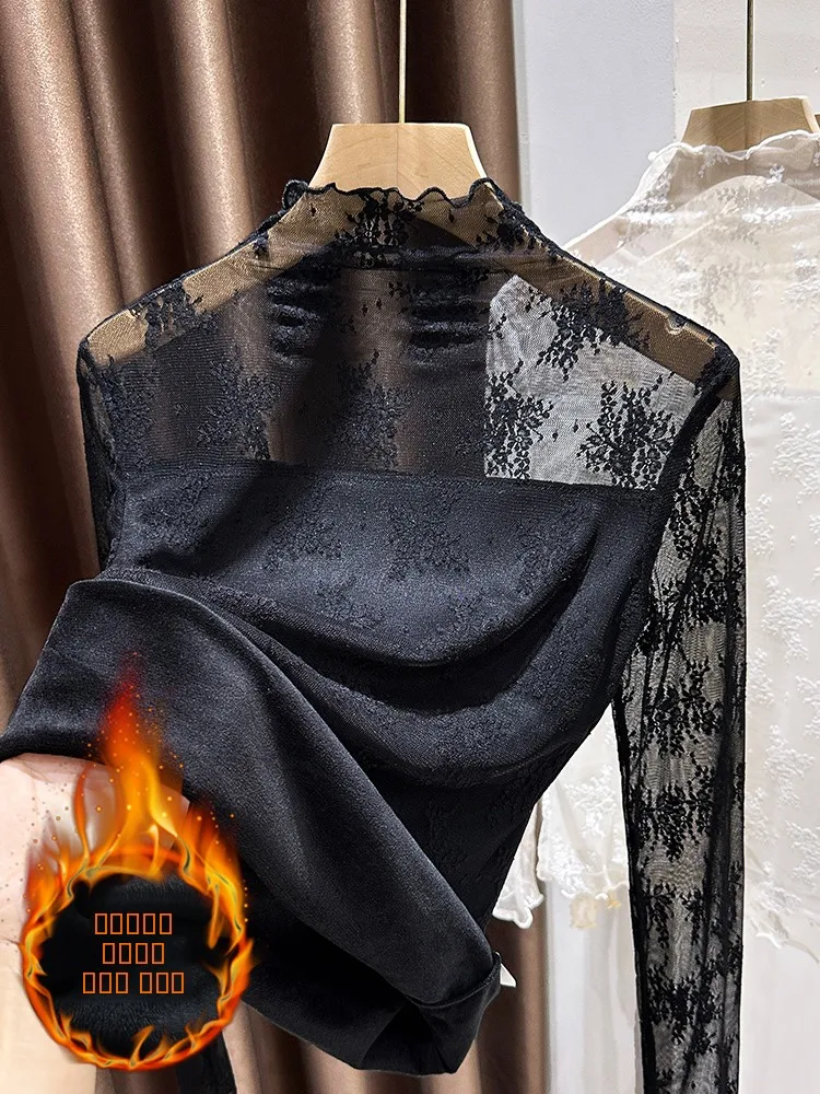 

Ele European Sle Faux Fur Lace Hollow out Sexy f High Collar Base irt Women's Autumn Winter Sweater Layering Top