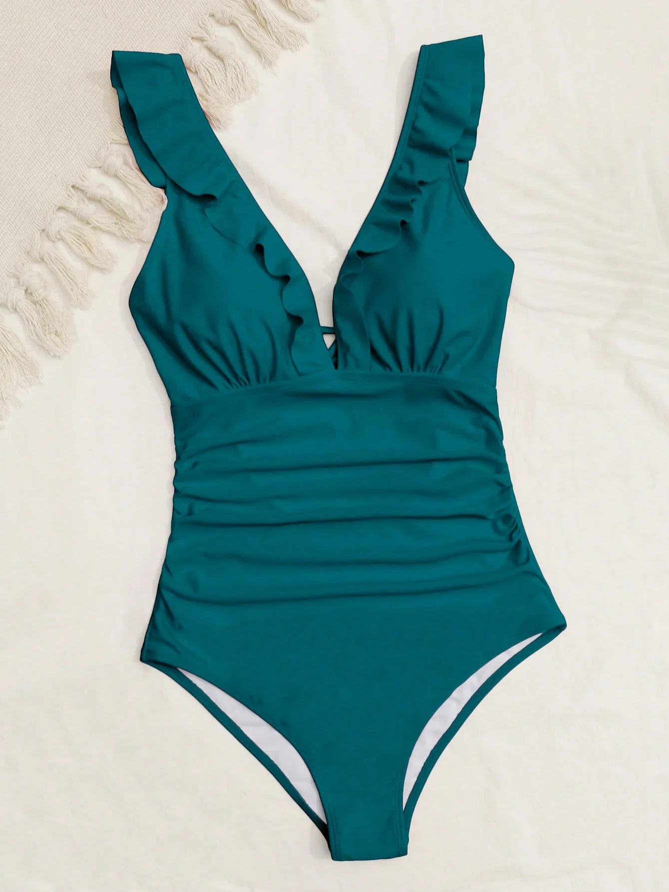 

Женский однотонный купальник без рукавов с рюшами и оборками для пляжного отдыха