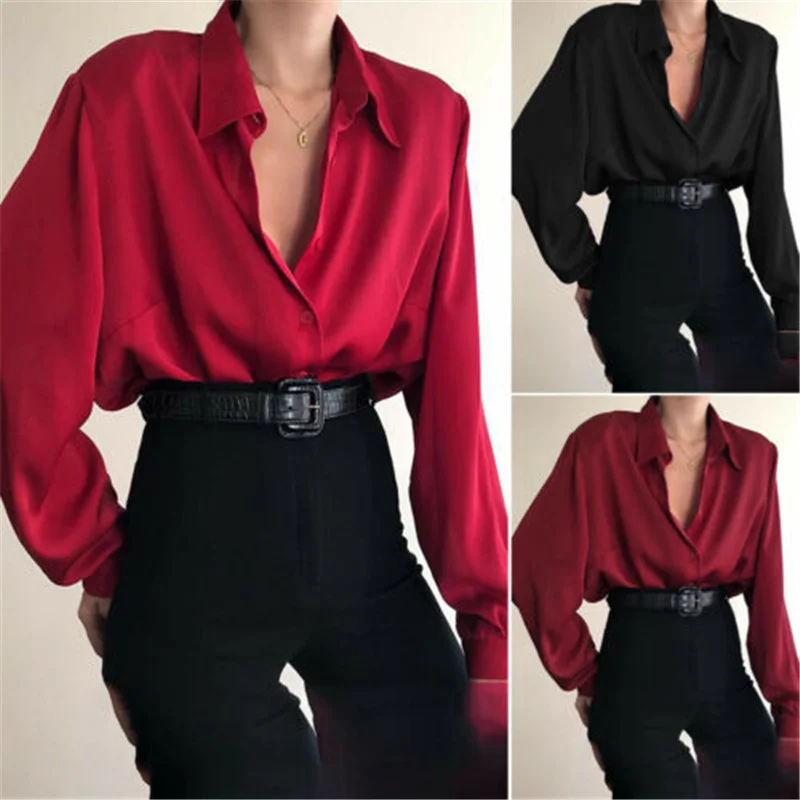 Women Button Blouses Turn Down Collar Shirts Office Lady Long Sleeve Casual Blouse Loose OL Shirt Baggy Tops