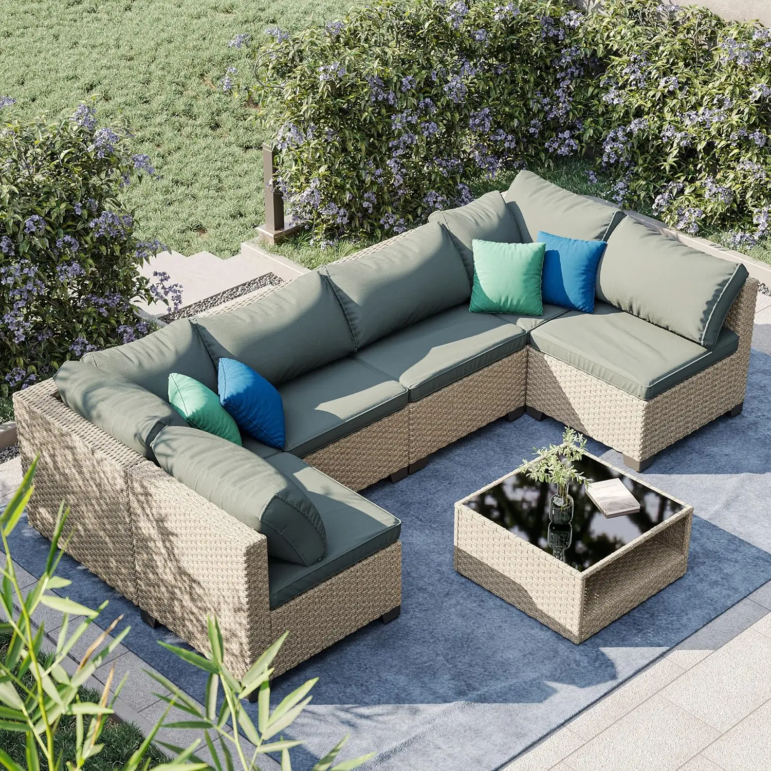 

7-Piece Patio Furniture Set, All-Weather Outdoor Conversation Set Sectional Sofa with Water Resistant Grey Thick Cushions