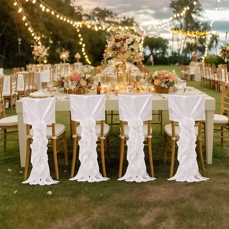 10Pcs Romantic White Sash Bow Party Decor Chair Cover Ruffles for Home Hotel Weddings Banquet Event Decorations Supplies