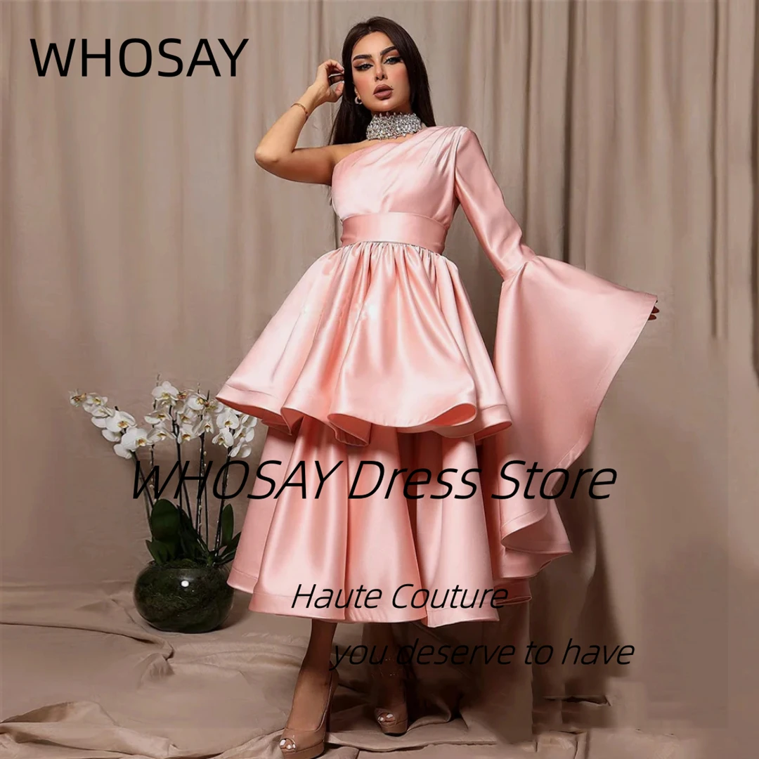 WHOSAY One Shoulder Prom Dresses Long Sleeve Evening Gowns Ruched Tiered A Line Wedding Party Bride Robe Des Marrige