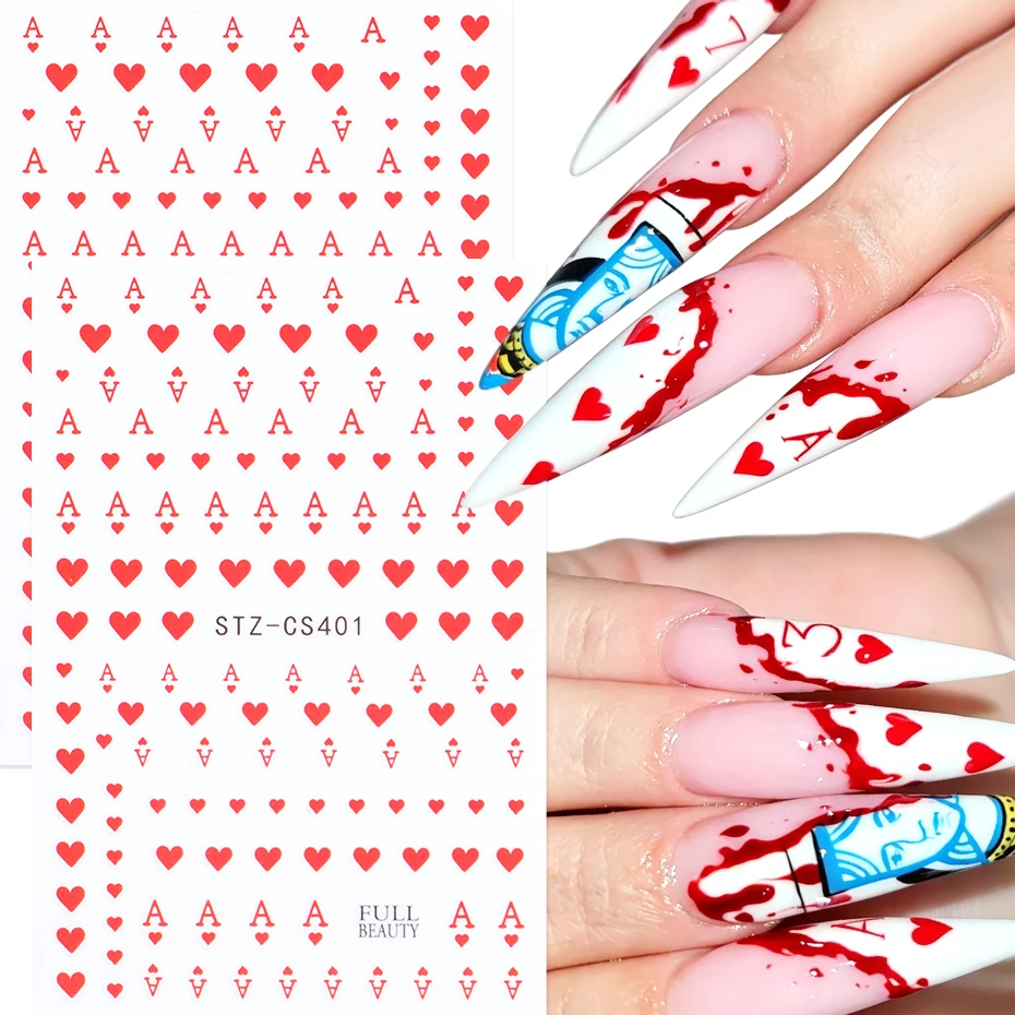 2pcs Red Ace Heart Poker Nail Art Stickers Mini Love Heart Letter A Halloween Party Nail Decals Sliders Gothic DIY Nail Decor