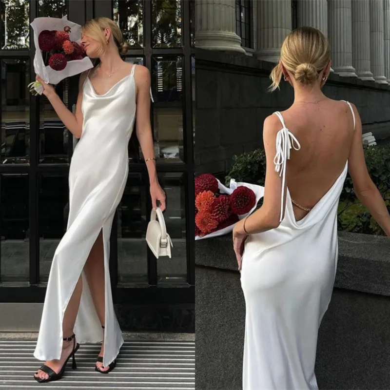 

Sensual Draped Neck Spaghetti Strap Dress Summer New Sexy High-Slit Dress New Fashion Women's Backless Tie-strap Camisole Dress