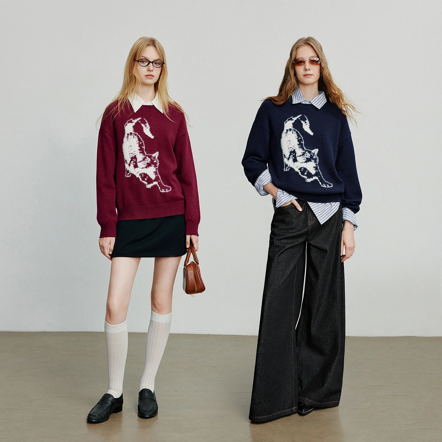 TOYOUTH المرأة محبوك سترة 2025 الخريف جديد القط الجاكار الجولة الرقبة الرجعية البلوز الصوفية النبيذ الأحمر