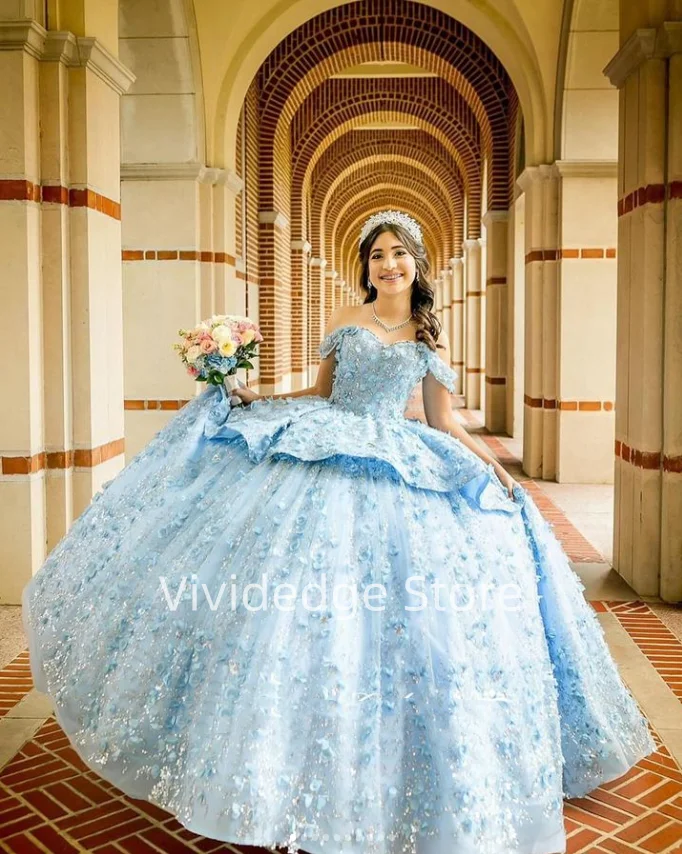 Customized Sky Blue Princess Strapless Lace-up Prom Dresses 15 Years Formal Quinceanera Dress Beaded Applique vestidos de fiesta