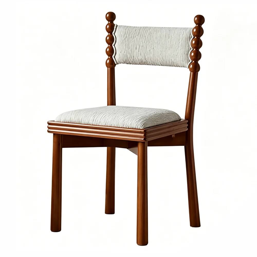 Modern Rustic French Country Linen Upholstered Ergonomic Backrest Bobbin Spindle Dining Chair Solid Wood Frame Padded Seat Home