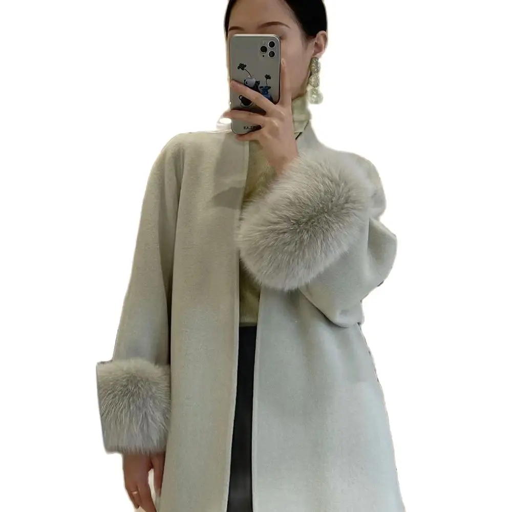 

Double-sided Cashmere Overcoat Women's Autumn Spring Fashion Long Lace Up High Quality Hepburn Style Woolen Fur Sleeve Coat