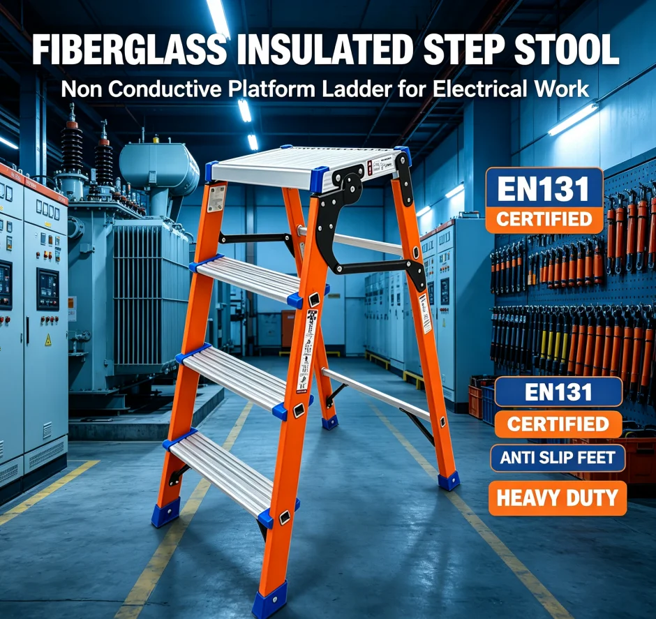 Fiberglass Insulated Electrician Step Stool Non-Conductive 3-Step Platform Ladder with Anti-Slip Feet 375 Lbs Capacity