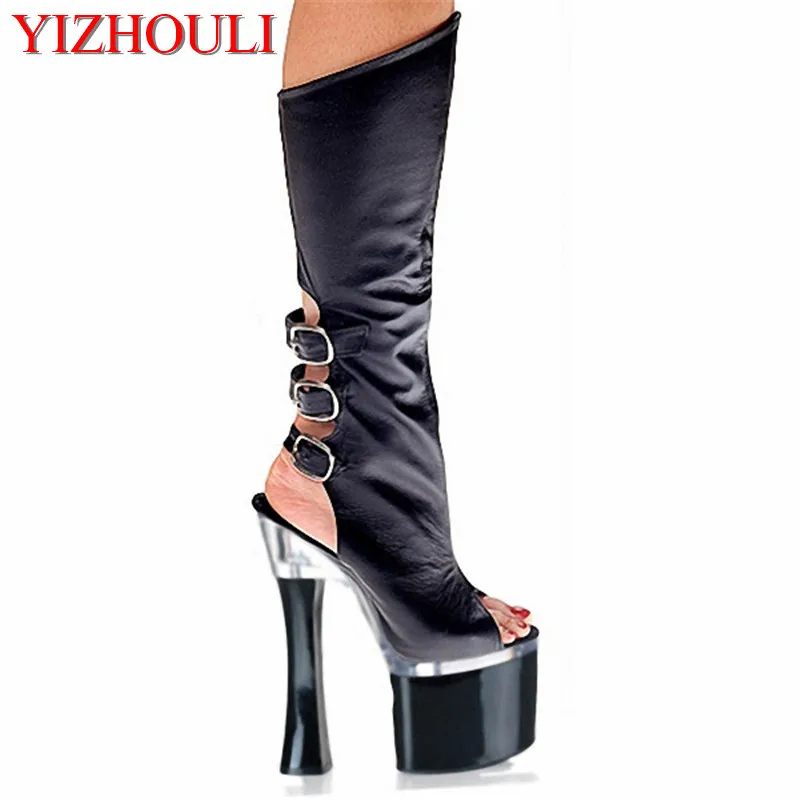 18cm New arrival Classic high heels cool boots sexy open toe high-leg summer boots 7 inch women's Platforms dance shoes