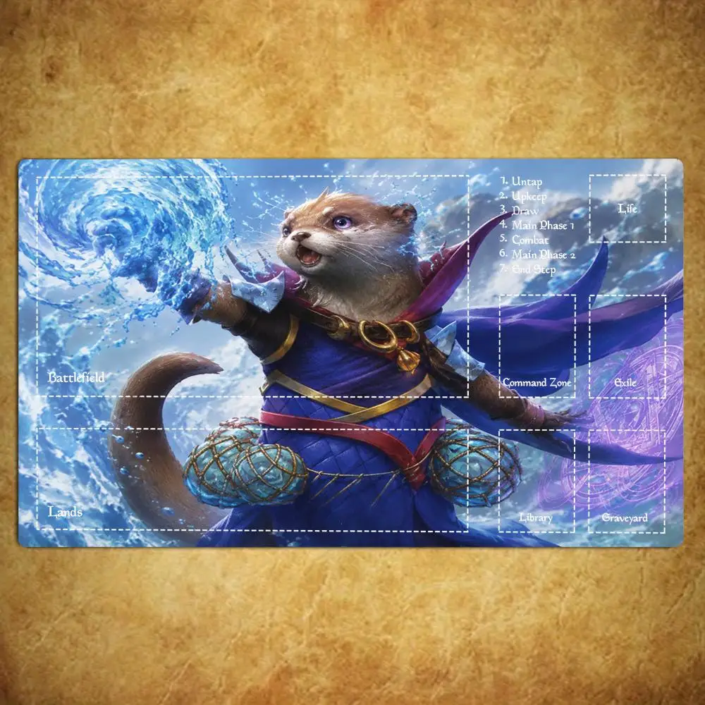 Mystical Water Otter Wizard Zoned TCG Playmat 35X60CM Magic Card Battle Mat Non‑Slip Durable Stitched Edge Tabletop Playmat