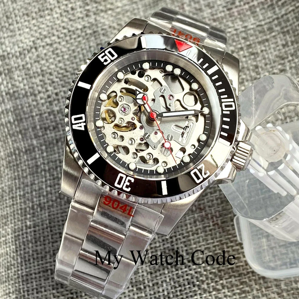 New Skeleton Mechanical Male Watch S NH70 Movt Hollow Dial Red Hand 120clicks Bezel Diver Wristwatch 20Bar Polish Strap