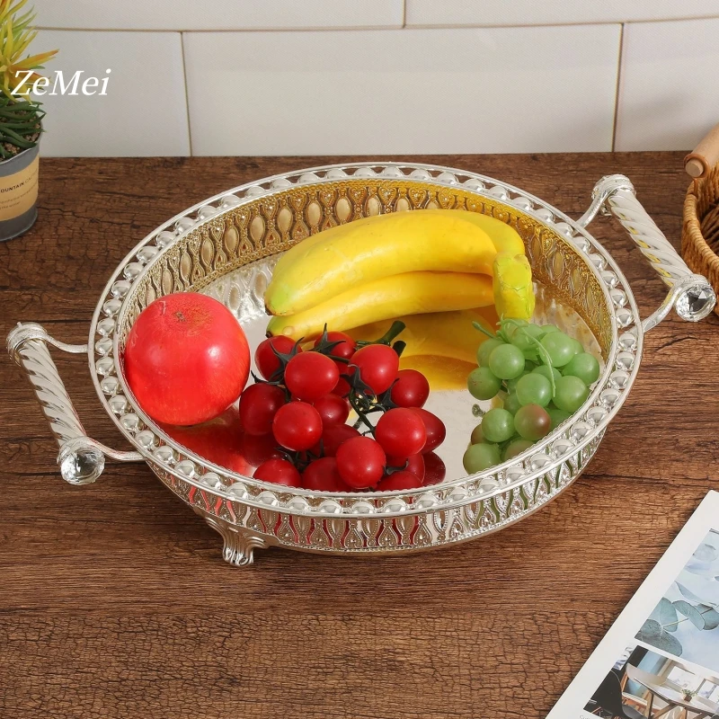 

European Style Circle Fruit Plate,Metal Binaural Hollowed Out Handheld Silver Fruit Basket Home Tray,Snack Disc Table Decoration