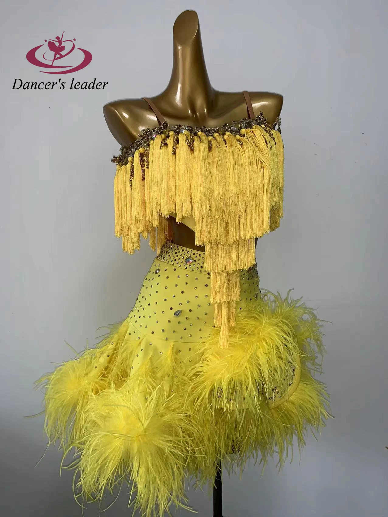 Latin Dance Stage Women's High-end Customized Yellow Tassel Plush Skirt Tail Damba Rhinestone Performance Costume Dress