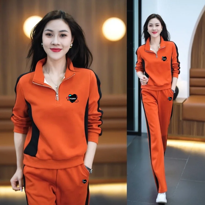 Casual sports suit for women spring and autumn 2024 new fashion stand-up collar sweatshirt wide-leg pants two-piece set