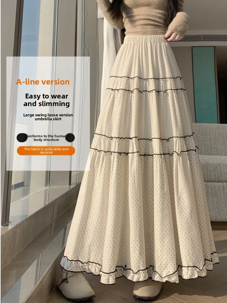 ارتفاع الخصر ألف خط f تنورة البولكا نقطة كعكة Sle الفتيات ربيع الخريف الشتاء النسخة الكورية الأزهار الدانتيل الربط تنورة