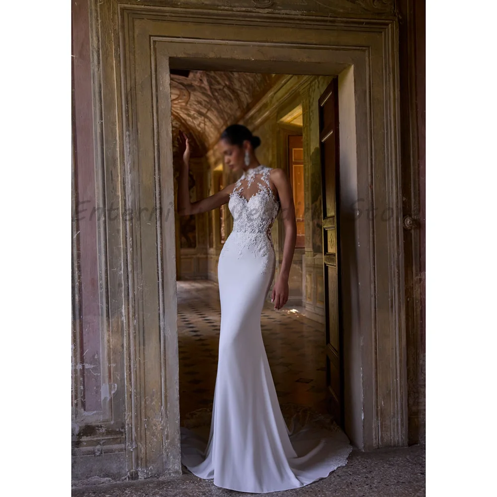High Neck Lace Mermaid Wedding Dresses Illusion Sleeveless Backless Bridal Gowns Button Details Lace Edge Train For Bride
