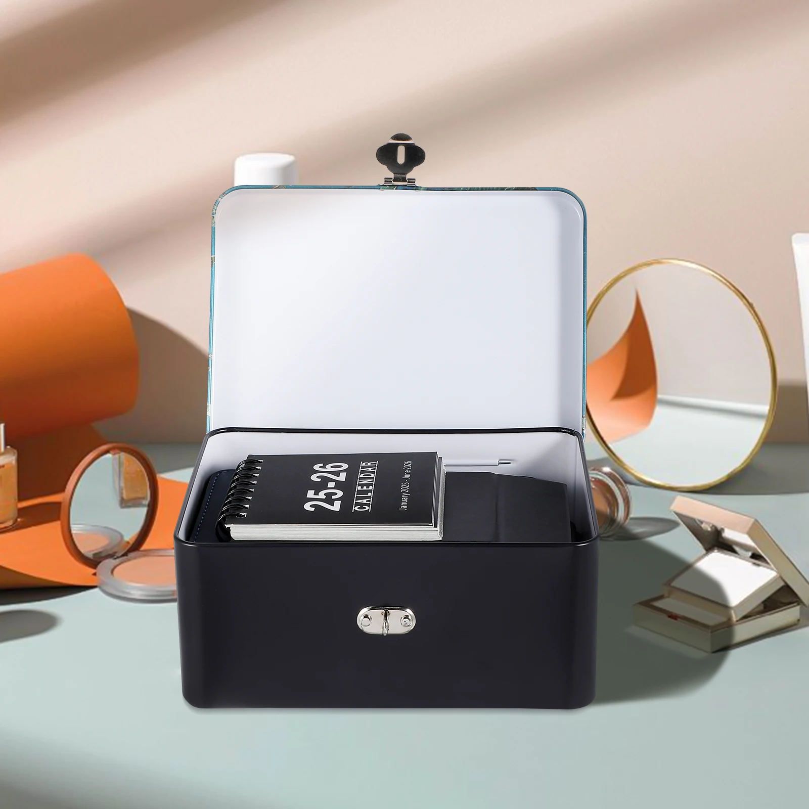 

Vintage Tinplate Storage Box Portable Jewelry Case Metal Container Lock Keys Desktop Organizer Keepsake Treasure Box