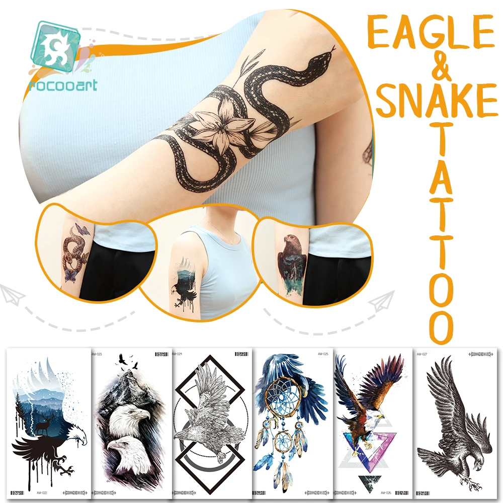 Eagle Tattoo Stickers Arms Tattoo Snake Waterproof Temporary Tattoo Hawk Body Art Fake Tattoos For Women Men Hand Big Size New