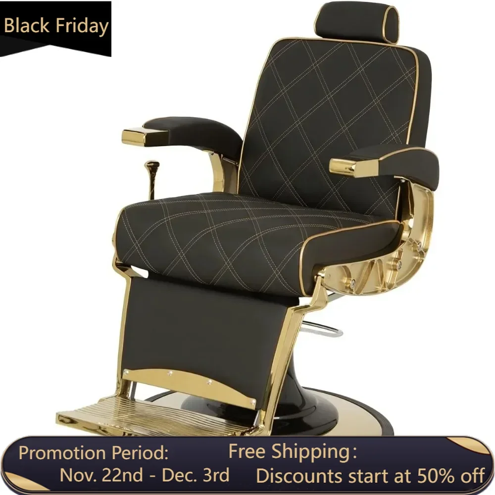 Barber Chair with Stunning Gold Metal Frame, Gold Diamond Stitching & Gold Piping, Extra Wide Seat, Barber Chair