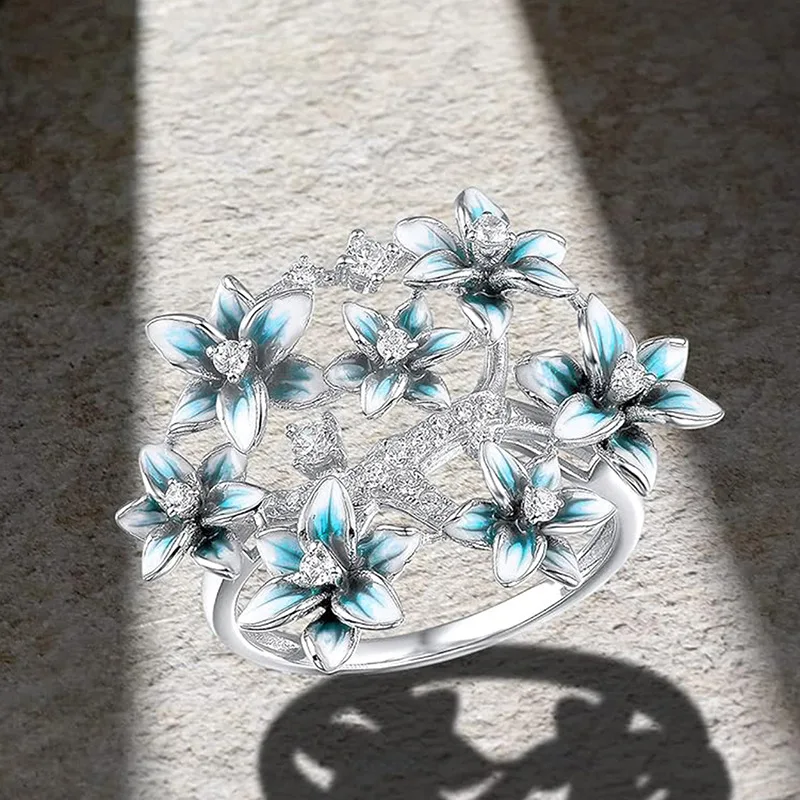 European and American Cream Sweet Girl Style Oil Painting Ring, Women's Countryside Style Slightly Inlaid Orchid Jewelry