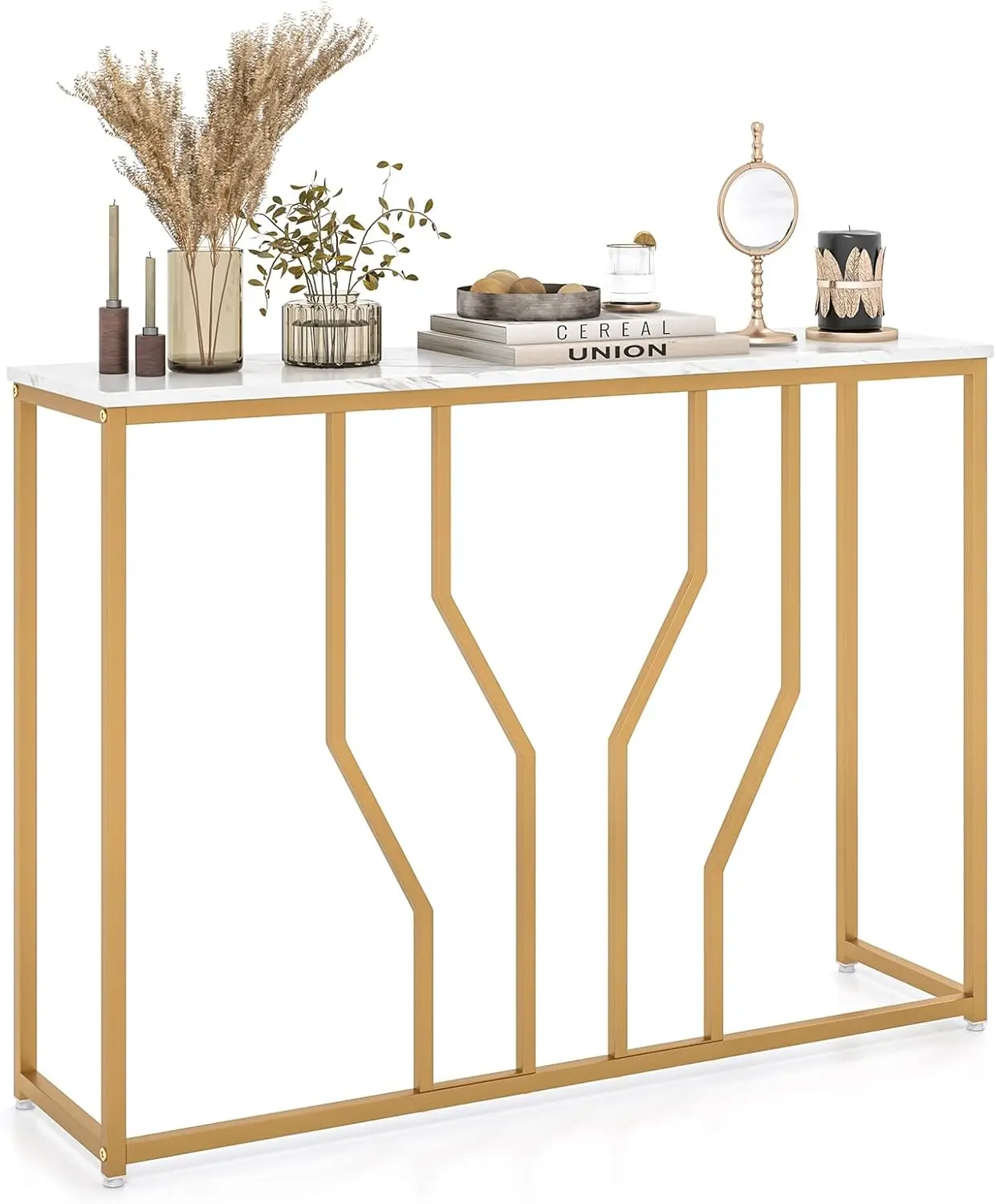 

44"" Entryway Console Table - Geometric Faux Marble Entrance Table, Long Sofa Side Table W/Heavy-Duty & Gold Finished Metal