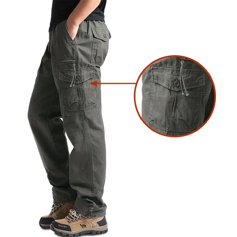 New Men Multi-pocket Cargo Pants Zipper Pure Cotton Straight Leg Pants Loose Casual Solid Color  Pants Men Outwear JJ1515