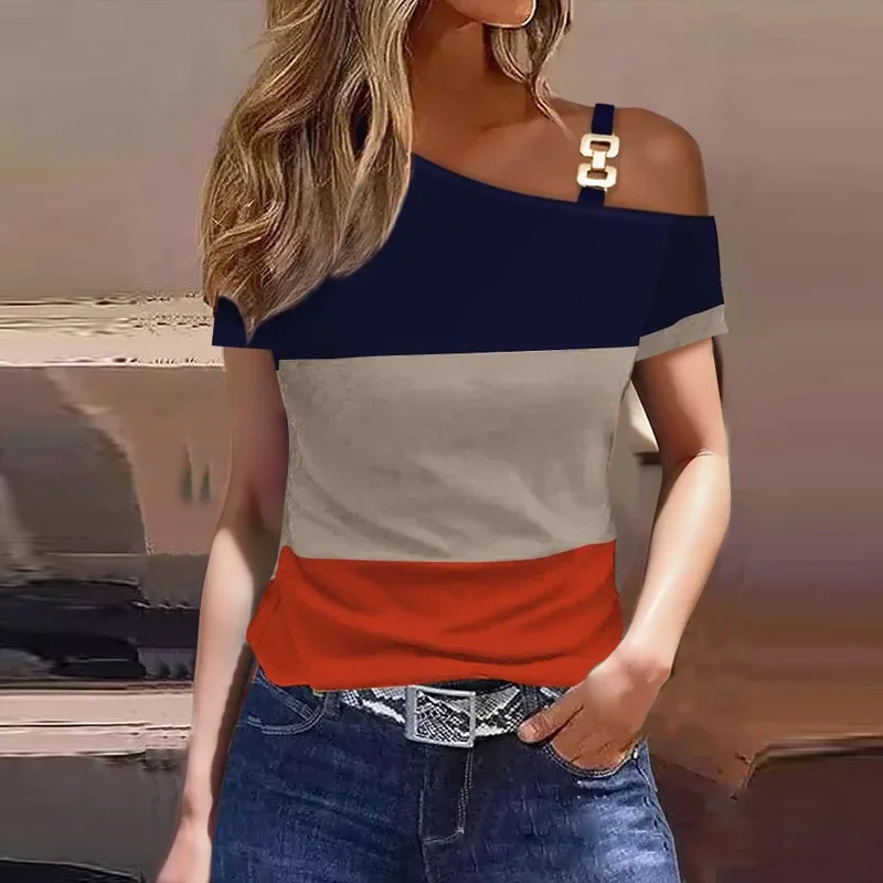 CPSYMYM Top Women Summer  Simple Metal Buckle Oblique Collar Casual Short-Sleeved Printed T-Shirt Top Y2K Clothes