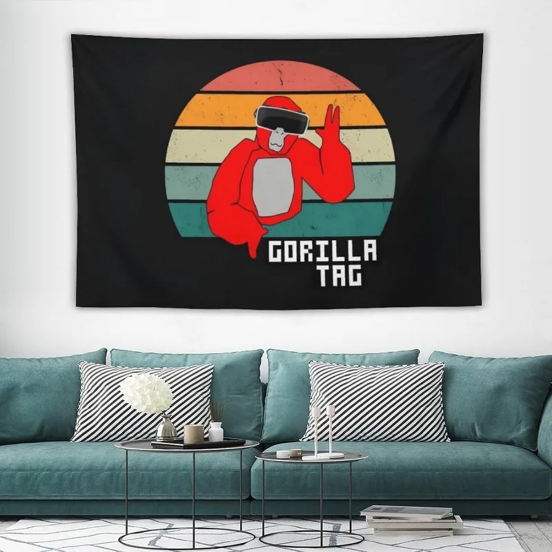 Vintage Gorilla Label Tapestry with Retro Sunset Background, Creating Playful Room Decor and Surrounding Quality Life Around You