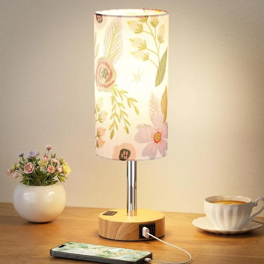 Floral Touch Lamp for Bedroom with Floral Linen Lampshade 3 Way Dimmable LED Table Lamp in Beige with USB C Charging Ports and