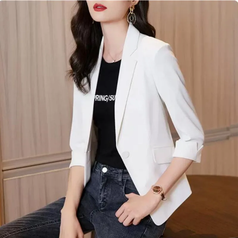 

Spring Solid Thin Women Blazer 2023 New Long Sleeve Slim Short Suit Jacket Coat One Buckle Blouses White Female Clothing A1165