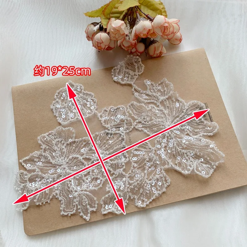 Delicate Wedding Sequins Head Ornaments, Body Lace Applique, Ivory White Dress, DIY Lace Trim, 1Pair, 19x25cm