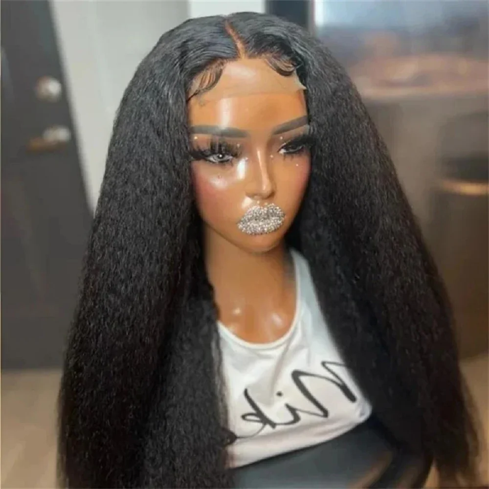 26Inch Long Yaki Black 180Density Glueless Kinky Straight Deep Lace Front Wig For Women With BabyHair Preplucked Daily