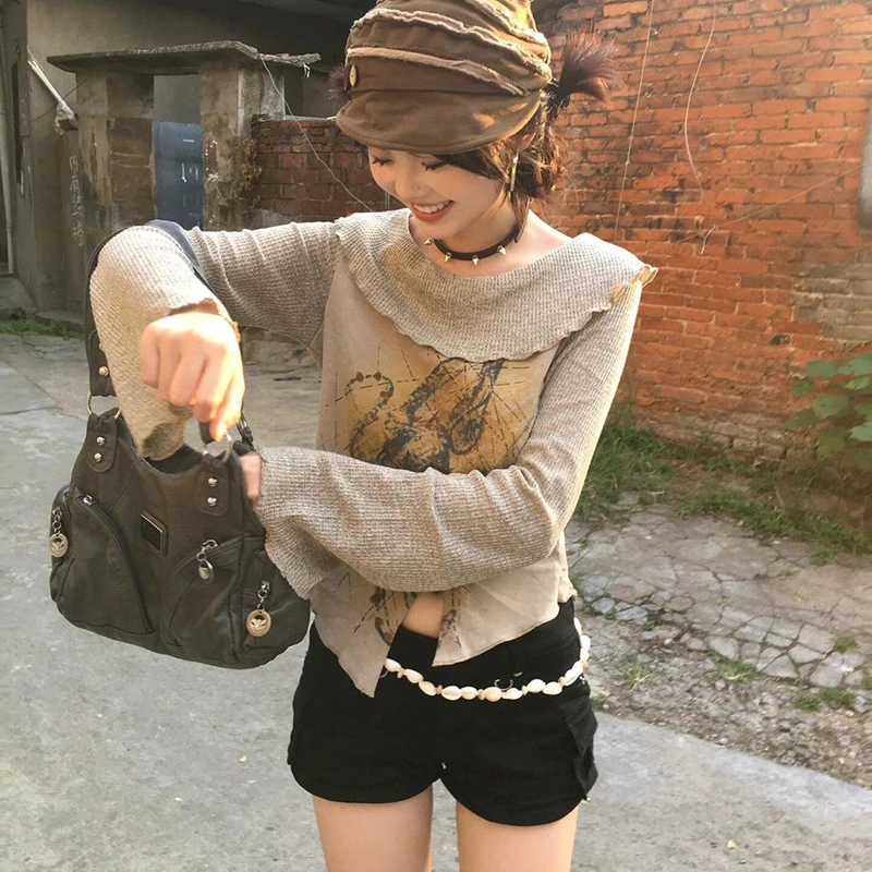 Y2K Irregular T Shirts Women Vintage 90S Print Long Sleeve Crop Tops Japanese Harajuku Aesthetic Slim All Match Split Tees New image 6