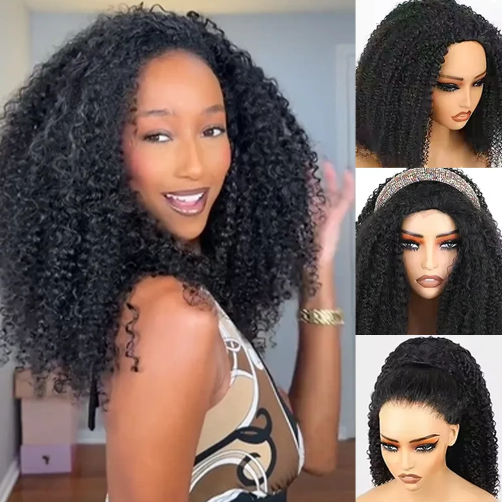 

200 Density Kinky Curly 3 IN 1 Half Wig Human Hair Wear and Go Deep Curly Wig 16 Inch Clip-in Upgrade Human Hair Wigs for Women