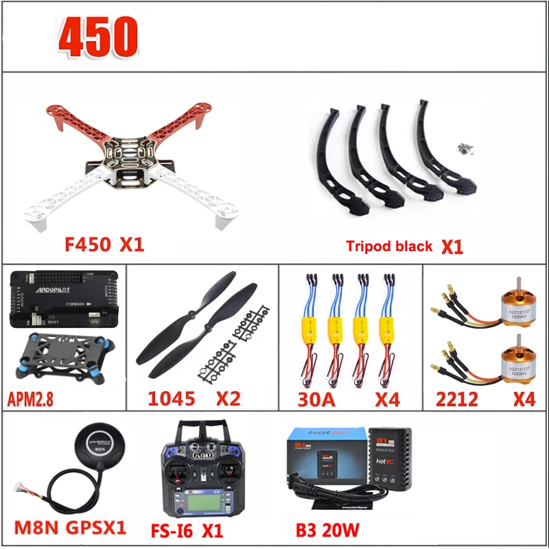 F450 450mm Quadcopter Frame Kit W/ APM2.8 Flight Controller M8N GPS 30A XXD ESC 2212 Motor Flysky FS-i6 for RC Quadcopter