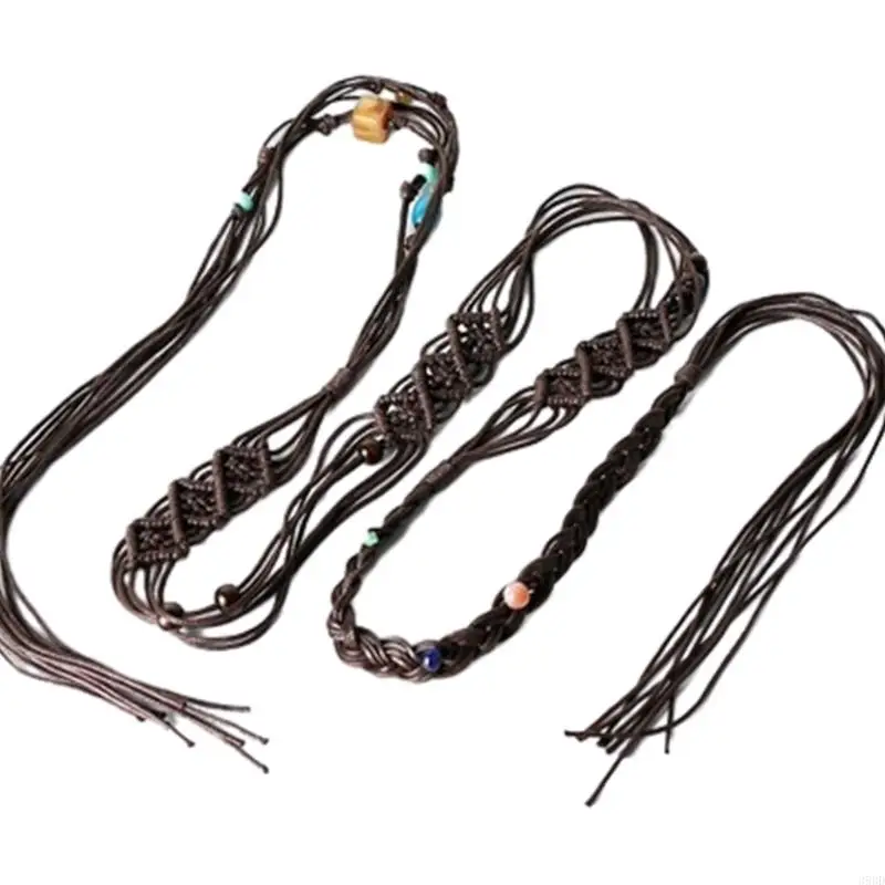 652F Ladies Bohemian Wide Waist Belt Delicate Beads Decors Braided Belt for Summer Dress Women Dress Taking Photo Waist Belt