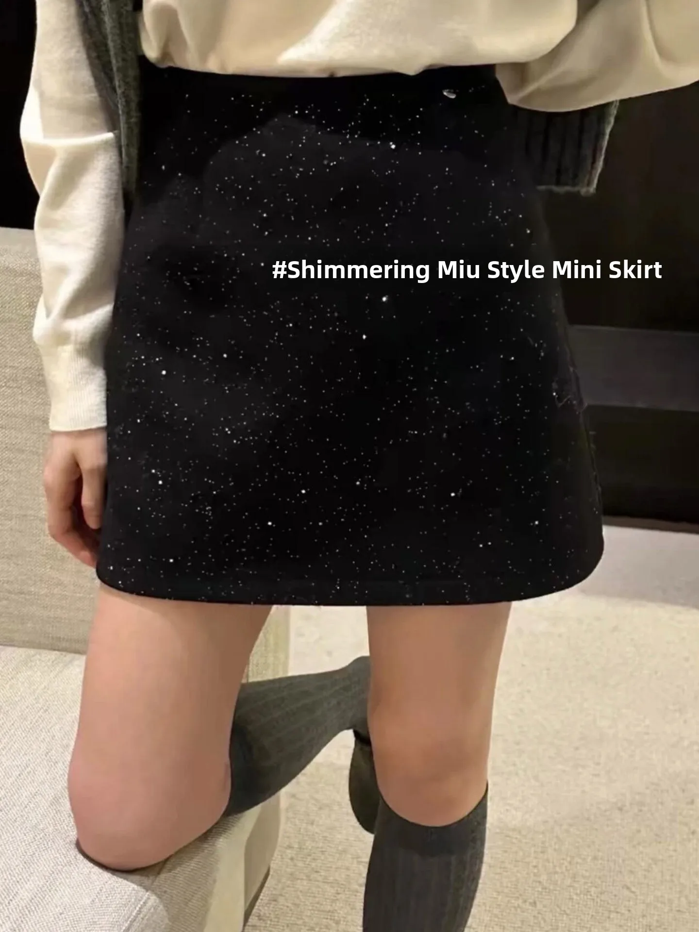 Shiny Sequin Woolen  Skirt Women's plus Size Autumn Miu Style Slimming A-Line Half-length Skirt Casual High Waist