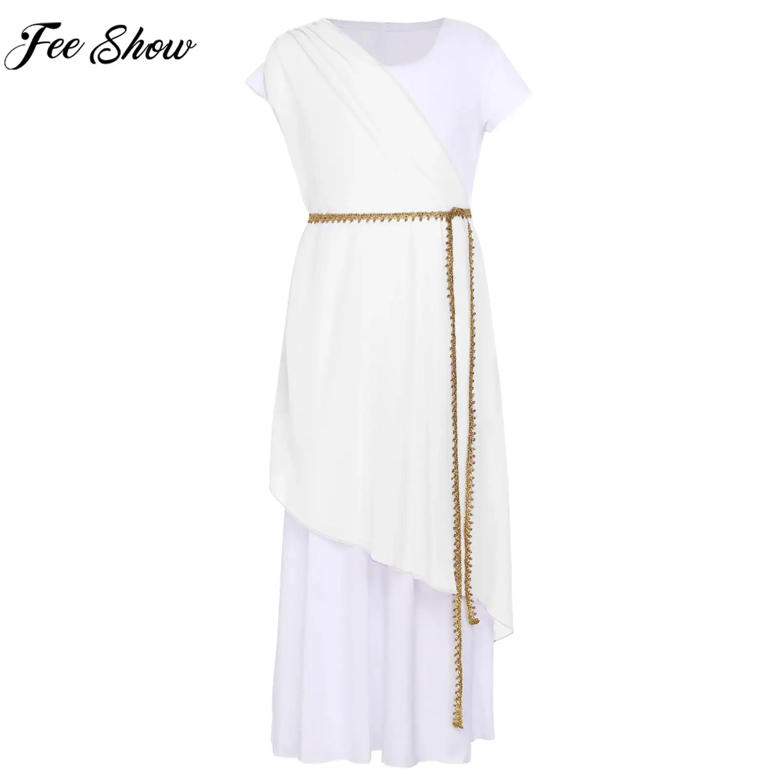 

Древние греческие римские богини для девочек, королевская принцесса, карнавальный костюм, тюлевое платье-тога с короткими рукавами и поясом для вечеринки на Хэллоуин