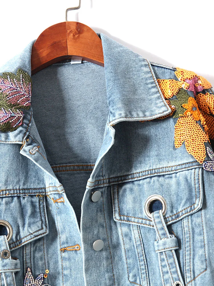 Sequin Flower Embroidered Denim Jacket Women\'s Autumn Slim And Versatile Jacket Women\'s Denim Jacket Traf 2024 Jeans Jacket