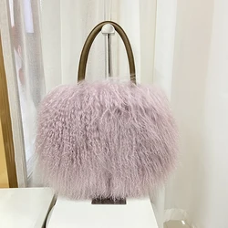 Women Fashion Natural Real Mongolia Sheep Fur Bag Real Fur Handbag Ladies Full Pelt Fur Genuine Leather Big Capacity Mummy Bag
