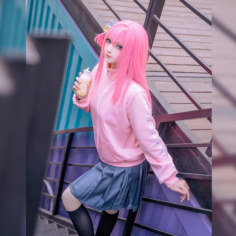 Hot Anime Kessoku band cos Goto Hitori cosplay pink Loose hoodie Sports school Uniform Bocchi the rock women costume H