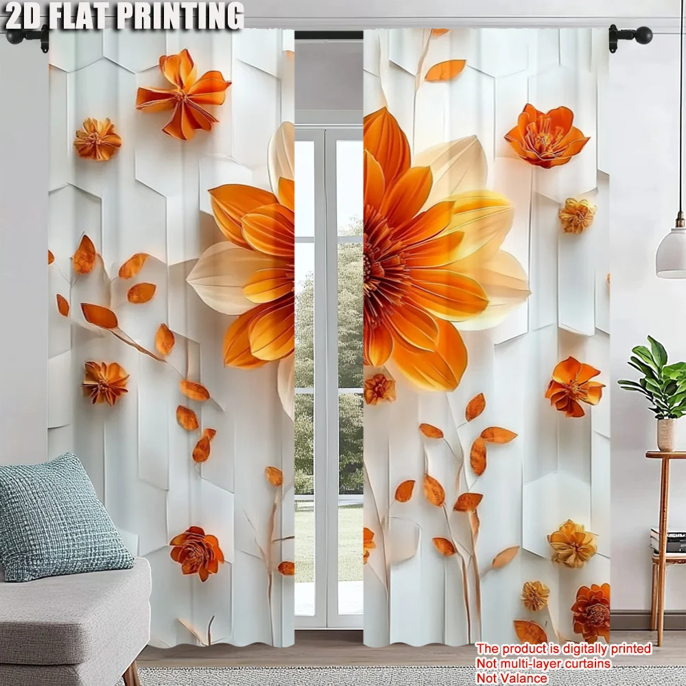 

2Pcs Glam Style Curtain Panels Orange Red Floral Print With Hexagon Background Machine Washable Polyester Decorative Drapes_ai5