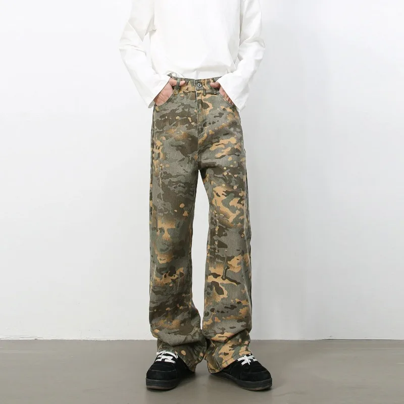 KIDWHXR Man Denim Pant American Printed Loose Male  Camouflage Jean High Street Mid Waist Casual Versatile Men Straight-leg Pant