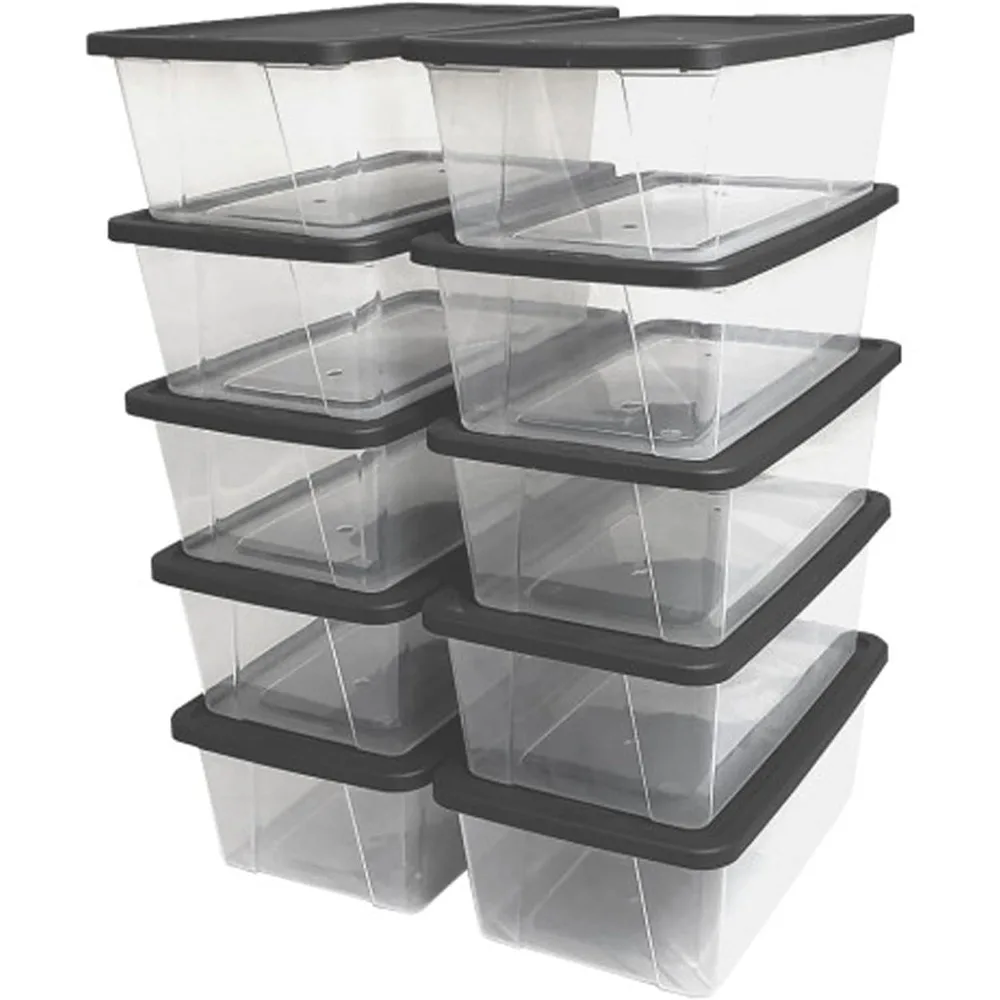 Stackable 6 Quart Clear Organizer Storage Container Bin with Tight Seal Gray Lid for Home Organization, 10 Pack